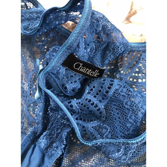 CHANTELLE Vgt 2 PC Romantic Lace Thong Soft Bow Bra & Tanga Blue Med High Waist - Picture 7 of 7